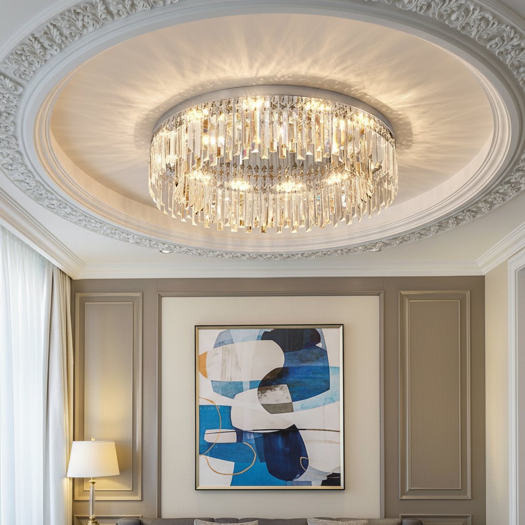Round crystal flush mount ceiling light glowing warm in a modern minimalist bedroom
