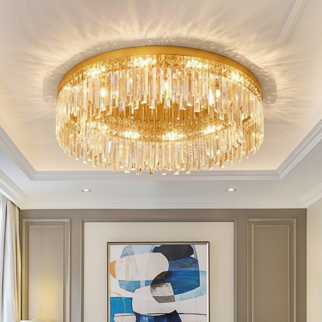 Modern K9 crystal round ceiling light gold frame mounted in a soft-toned bedroom