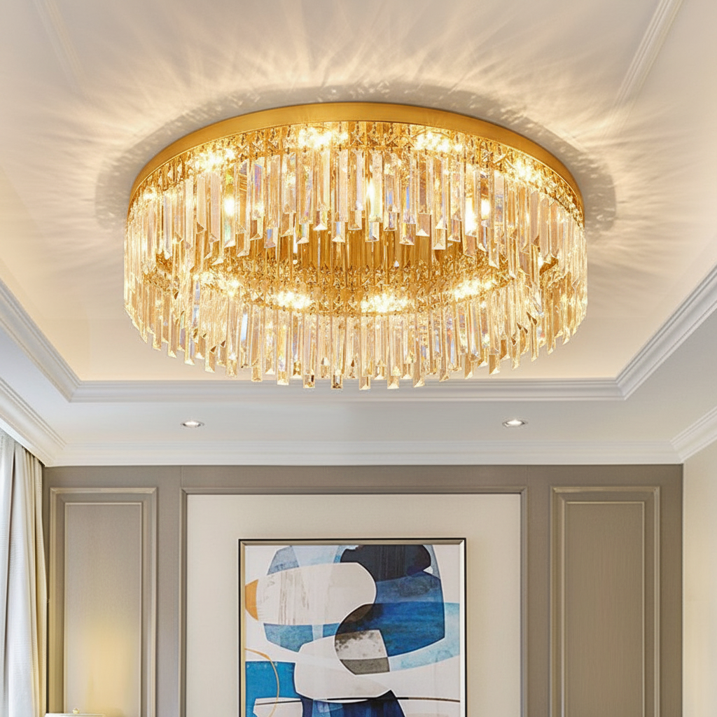 Modern K9 crystal round ceiling light gold frame mounted in a soft-toned bedroom