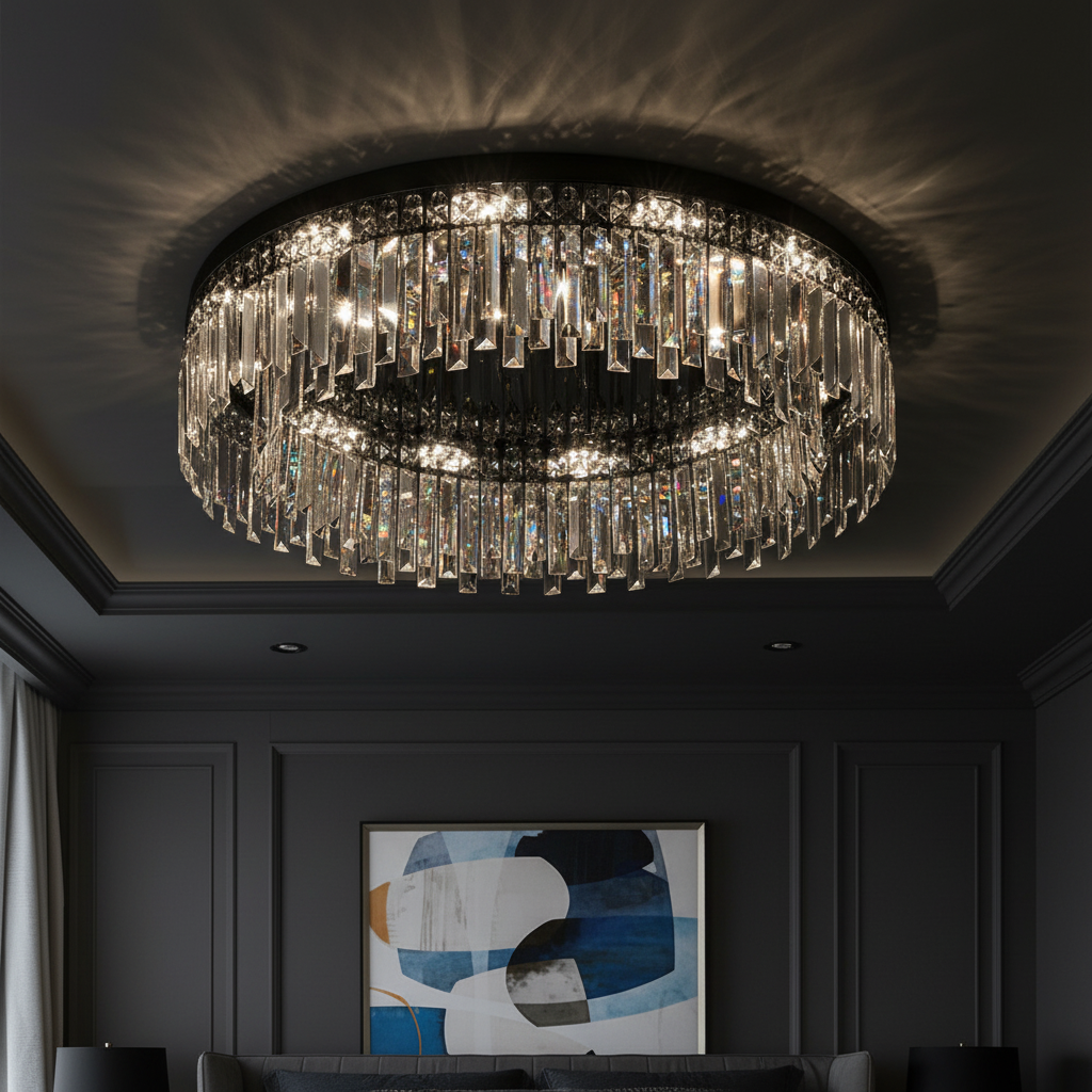 Round LED crystal ceiling light fixture above a dining table in a Nordic minimalist interior