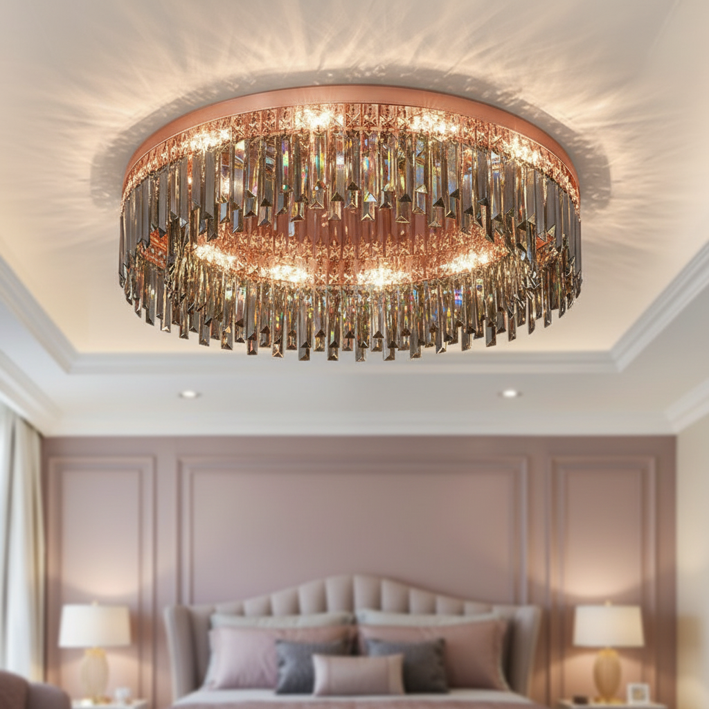 Affordable crystal round ceiling light under $100 with black frame for modern bedroom
