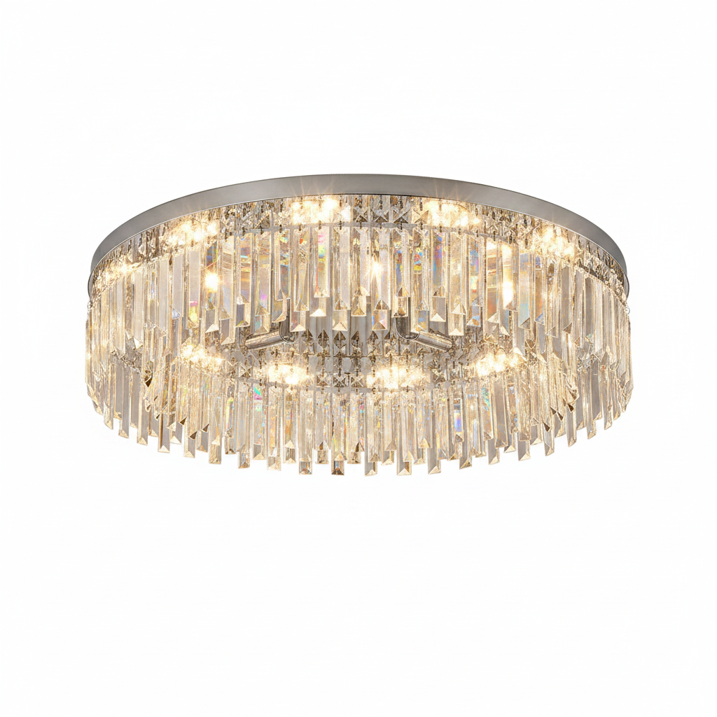 Vintage round crystal ceiling light antique gold in a warm living room setting
