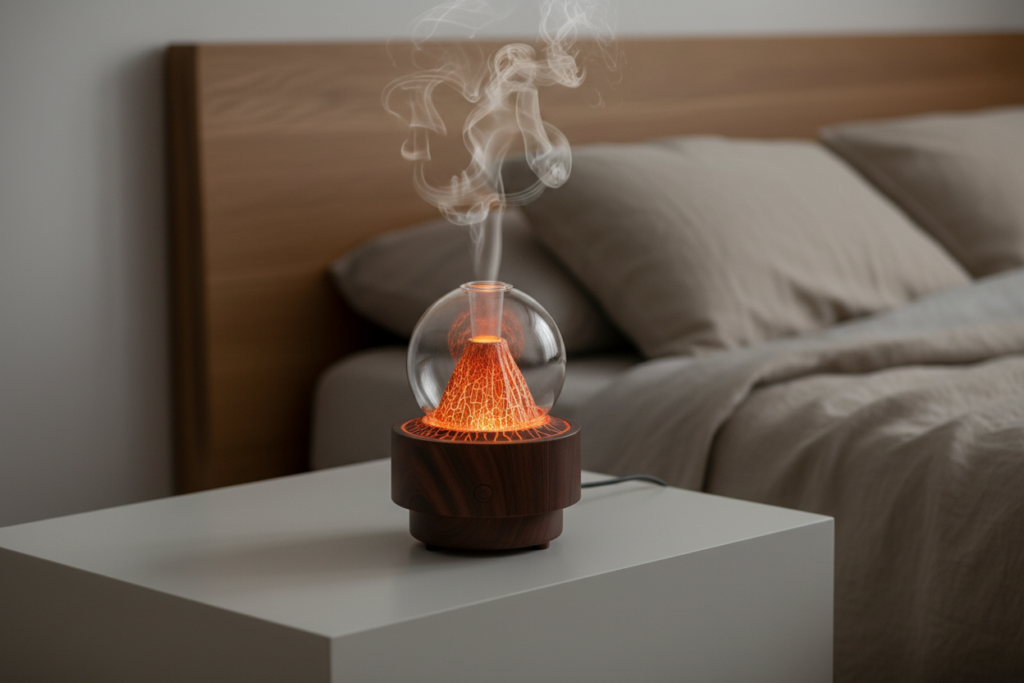 Wood grain essential oil diffuser humidifier glowing with soft LED light on a Nordic bedside table