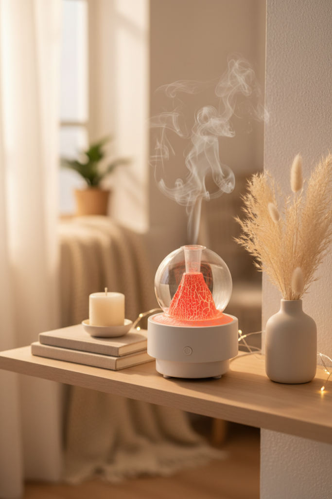 Styled shelfscape with DSARD essential oil diffuser humidifier next to books and Nordic decor
