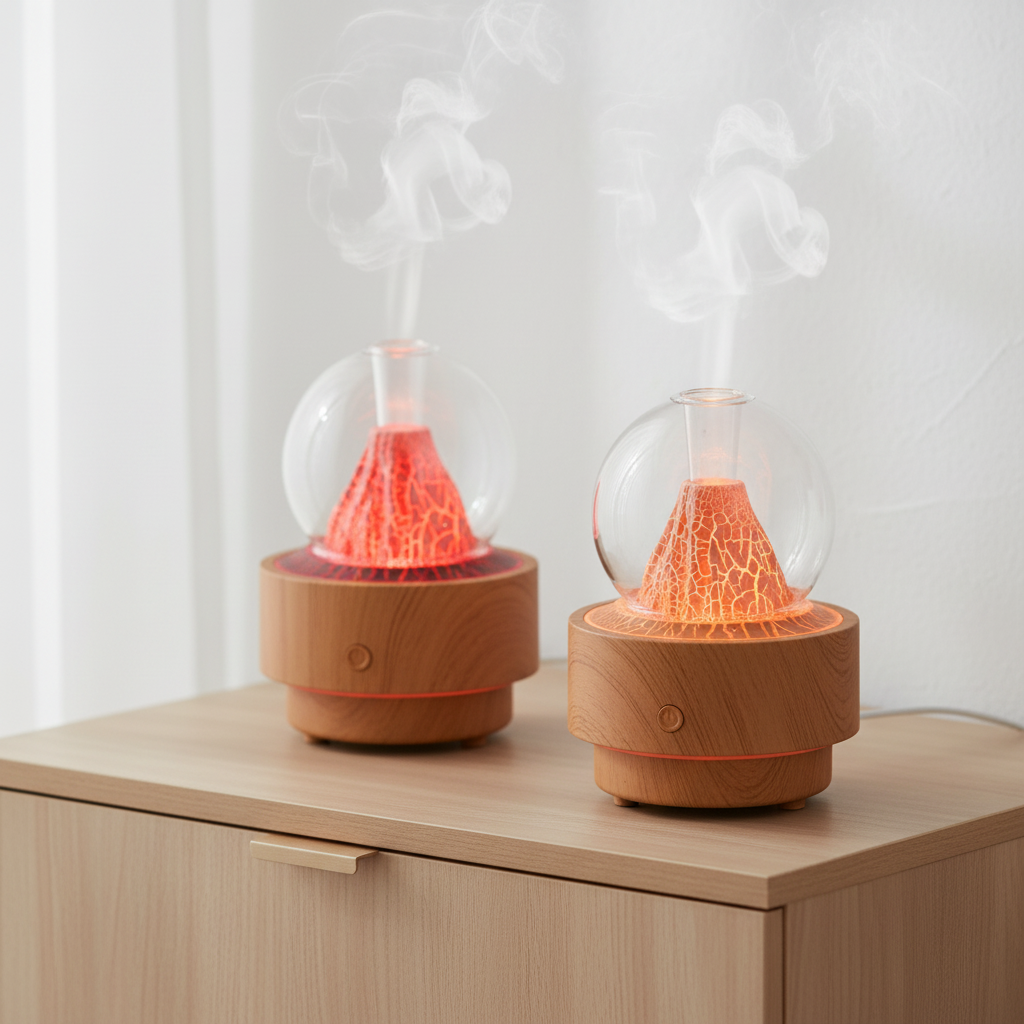  DSARD wood grain essential oil diffuser humidifier with warm amber LED on a minimalist nightstand
