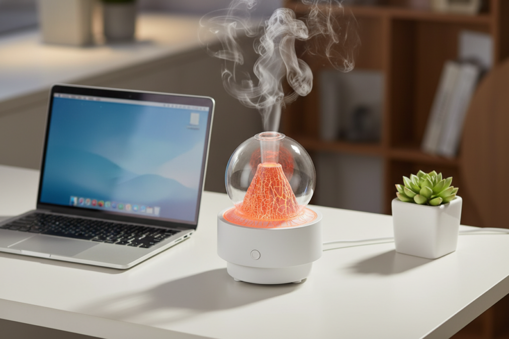  Portable USB oil diffuser humidifier on a white desk next to a laptop and small succulent plant