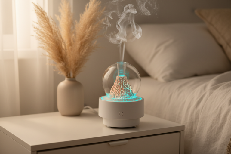 Essential oil diffuser humidifier combo glowing with soft LED light on a Nordic minimalist nightstand with cool mist