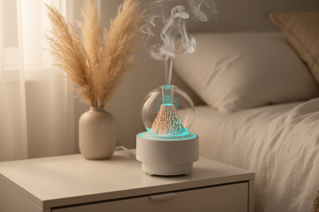 Essential oil diffuser humidifier combo glowing with soft LED light on a Nordic minimalist nightstand with cool mist