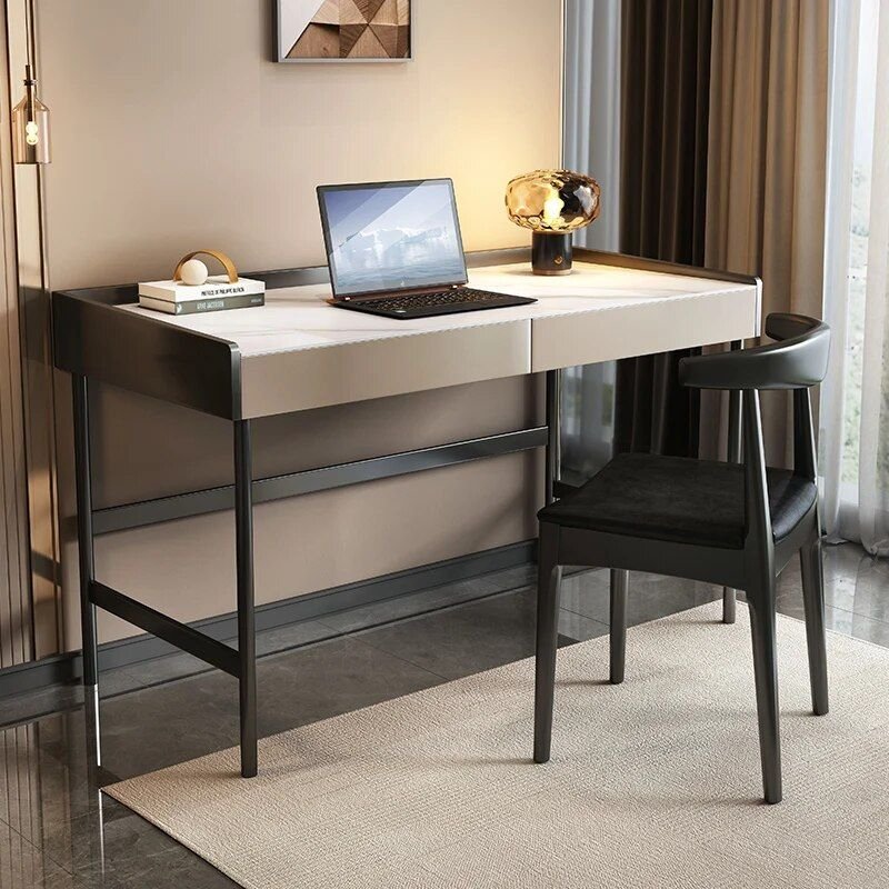 "Luxury slate Italian design computer desk with storage in a minimalist home office"