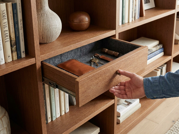 Luxury computer desk with storage cabinet showing hidden compartment