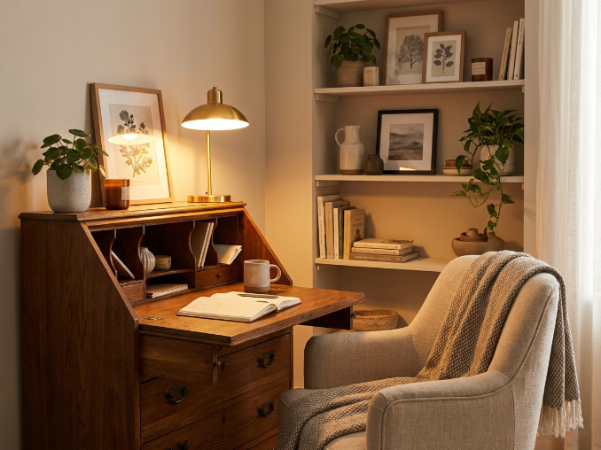 Modern slate desk for small office styled with minimalist decor accents